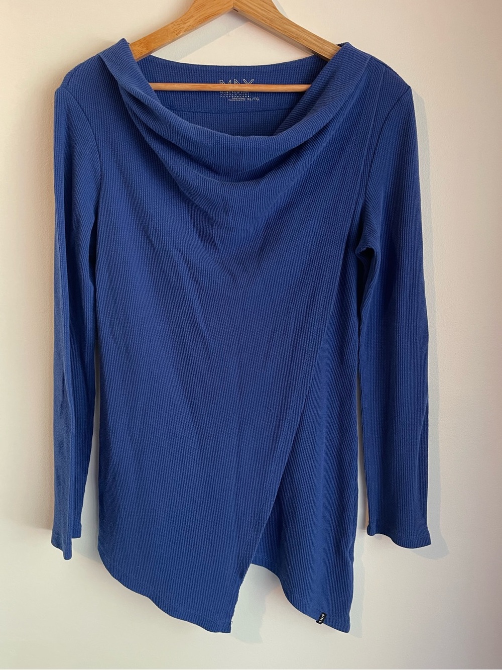 Marc New York Performance Cowl Neck Waffle Knit Top Blue XL Asymmetric Hem